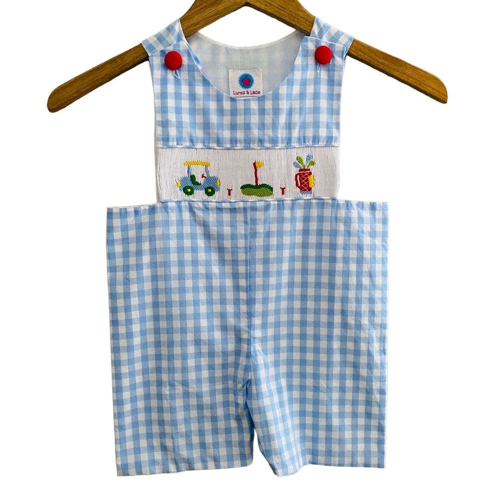 Lures & Lace Gingham Check Golf Theme Shortalls Overalls Size 2